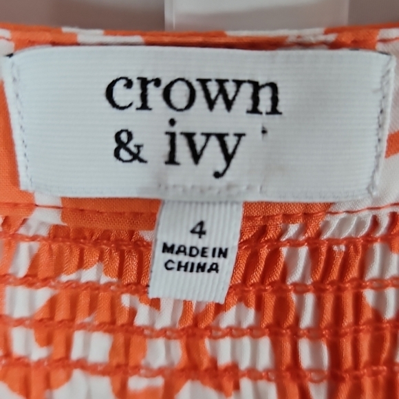 crown & ivy Orange & White 3/4 Sleeve Drawstring Waist Dress Size 4 - Picture 2 of 8